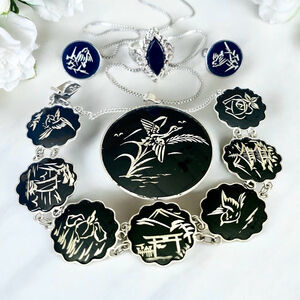 Vintage Amita Japan Damascene Jewelry Set Lot Black Silver Sterling Parure